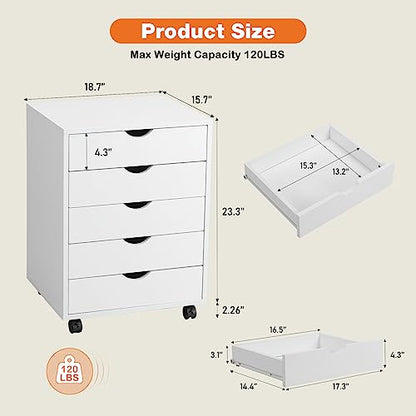 Sweetcrispy 5 Drawer Chest- Dressers Storage Cabinets Wooden Dresser White Mobile Cabinet with Wheels Room Organizer Rolling Small Drawers Wood