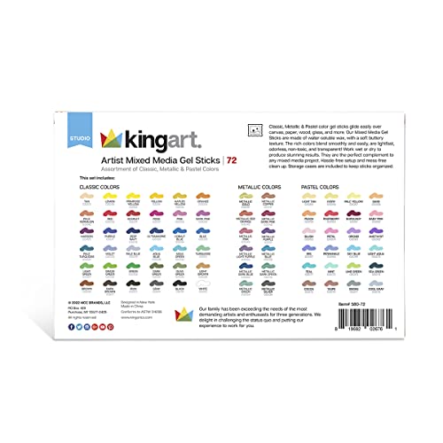 KINGART 580-72 GEL STICK Set, Artist Pigment Crayons, 72 Unique Colors,  Water Soluble, Creamy, and Odorless, Use on Paper, Wood, Canvas and more