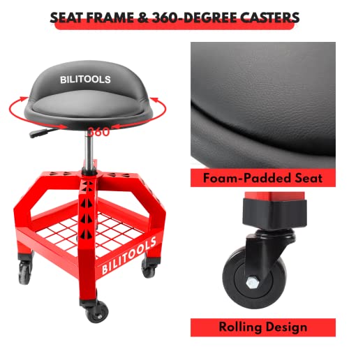 BILITOOLS Adjustable Shop Stool, Rolling Garage Mechanic Stool with Wheels 300LBS Capacity 16 inch Oversized Shop Chair