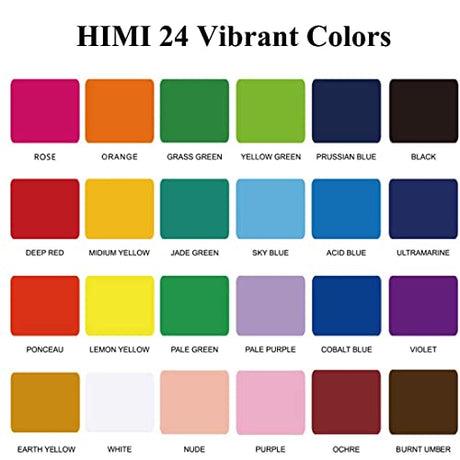 HIMI Gouache Paint Set 24 Vibrant Colors Non Toxic Paints Jelly Cup Design with Palette Paint Brushes Portable for Artist Canvas Painting Watercolor INK LAB