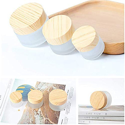 Healthcom 12 Packs 1 Oz Empty Jars 30ml Round Frosted Glass Cream Jar Bottles Holder with Wood Grain Lids Refillable Case Vial Pot Cosmetic Container - WoodArtSupply