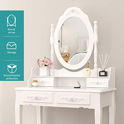 Mecor Vanity Table Set ,Makeup Table with Oval Mirror & Stool, Bedroom Wood Dressing Table with 4 Drawers White mecor