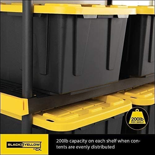CX Black & Yellow®, 4-Tier Heavy Duty Plastic Storage Shelving Unit, 200lbs/shelf (55”H x 48”W x 20”D), for Indoor/Outdoor Organization, Modular Rack CX