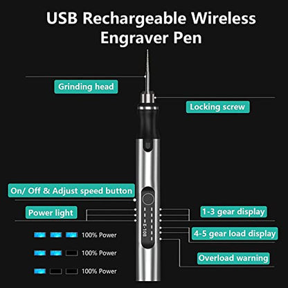 Rechargeable Cordless Mini Engraver Pen DIY Engraving Tool Kit for Metal Glass Ceramic Plastic Wood Jewelry Stencils B, Silver