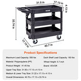 VEVOR Utility Service Cart, 3 Shelf 550LBS Heavy Duty Plastic Rolling Utility Cart with 360° Swivel Wheels (2 with Brakes), Medium Lipped Shelf, VEVOR