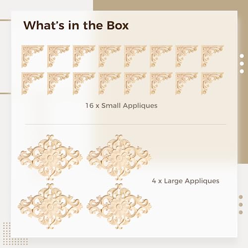 20pcs(4 Pack) Wood Appliques Decorative Carved Onlays, Wooden Carved Appliques DIY Decoration for Wood Furniture, Wood Carving Decals for Wall CDOKY