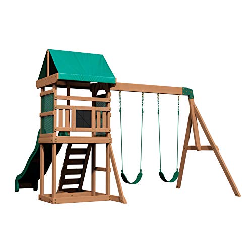 Backyard Discovery Buckley Hill Wooden Swing Set, Made for Small Yards and Younger Children, Two Belt Swings, Covered Mesh Fort with Canopy, Rock Backyard Discovery