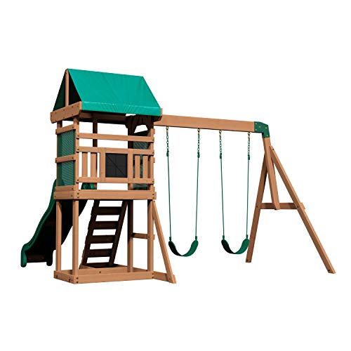 Backyard Discovery Buckley Hill Wooden Swing Set, Made for Small Yards and Younger Children, Two Belt Swings, Covered Mesh Fort with Canopy, Rock - WoodArtSupply