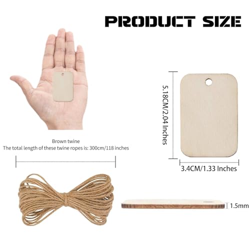 Hion Wooden Tags, 100 Pcs 2x1.3 inch Rectangle-Shaped Unfinished Wood Pieces - Light, Natural Rustic Cutouts with 3M Hemp Rope - Ideal for DIY