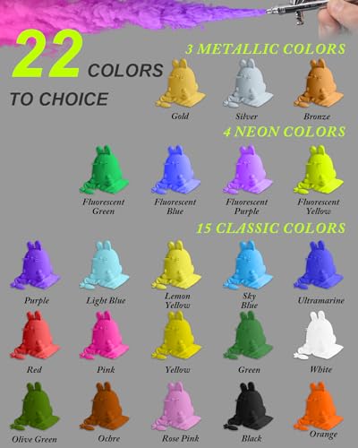 Airbrush Paint, 22 Colors with 2 Thinner Airbrush Paint Set, Water-Based Air brush Paints Acrylic Ready to Spray Includes Metallic & Neon Colors, - WoodArtSupply