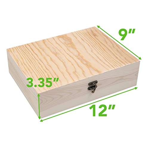 VIKOS Products Unfinished Wooden Box with Hinged Lid for Crafts DIY Storage Jewelry Pine Box - 12" x 9" x 3.35" - WoodArtSupply