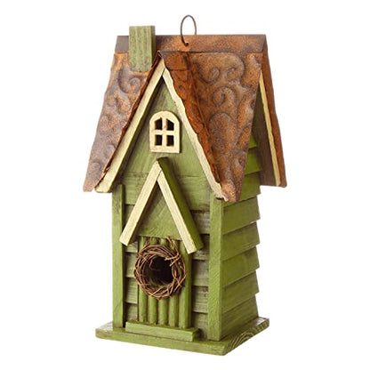 Glitzhome 12" H Green Hanging Distressed Solid Wood Garden Bird House Decoratvie Birdhouse - WoodArtSupply