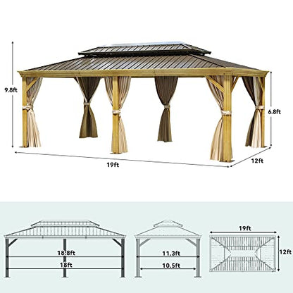 YITAHOME 12x20ft Hardtop Gazebo with Nettings and Curtains, Wood Grain Heavy Duty Double Roof Galvanized Steel Outdoor Combined of Vertical Stripes - WoodArtSupply