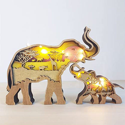 3D Forest Animal Wood Crafts with Light String, Light Up Home Furnishing Wall Carving Decorations Wolf Ornament Wooden Art Wall Decor,Elephant,with Lights