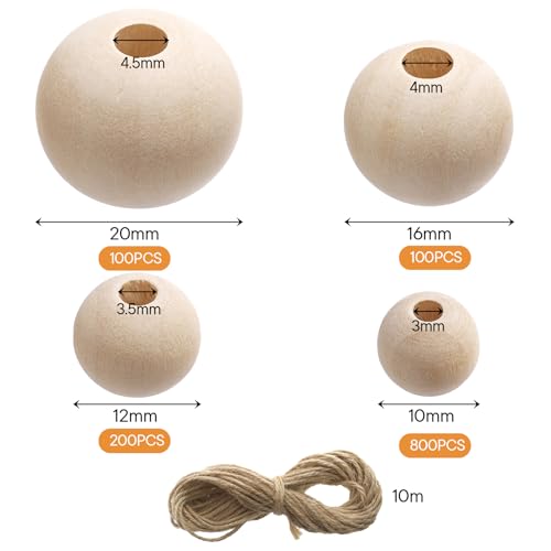 Foraineam 1200 Pieces Round Wood Beads Set Natural Wooden Loose Beads 4 Sizes 10mm, 12mm, 16 mm, 20mm Spacer Beads with 10m Jute Rope for Garland Foraineam