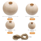 Foraineam 1200 Pieces Round Wood Beads Set Natural Wooden Loose Beads 4 Sizes 10mm, 12mm, 16 mm, 20mm Spacer Beads with 10m Jute Rope for Garland Foraineam