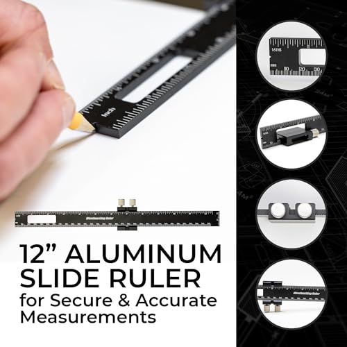 Nokko 4-Piece Woodworking Ruler Set - Woodworking Tools Bundle with 12 Inch Aluminum Slide Rule with Slide Stop, Plus 6", 12" & 16" Stainless Steel NOKKO
