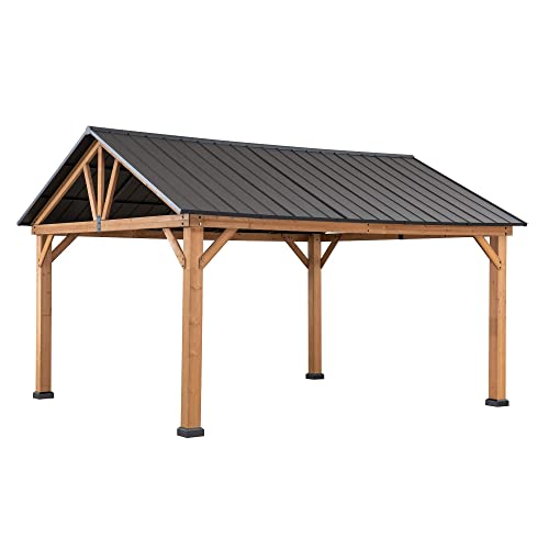 Sunjoy Wood Gazebo 11 x 13 ft. Outdoor Patio Premium Cedar Frame Gazebos with Matte Black Steel Gable Hardtop Roof for Garden, Backyard Shade, Black