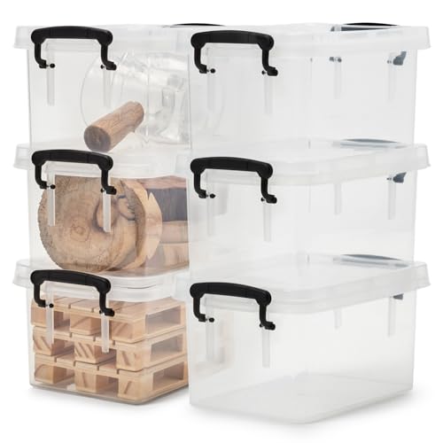 EZOWare Small Clear Plastic Lidded Storage box, 0.7 Quart Small Latch Baskets Organizer Bin Boxes with Snap Tight Lids - 6x4x3 inch, 6 Pack - WoodArtSupply