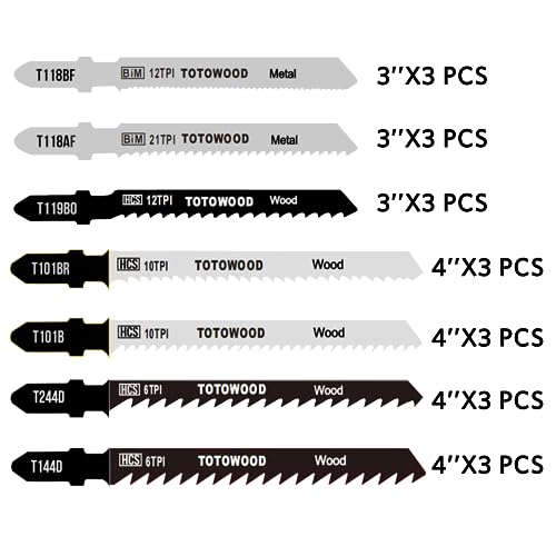 TOTOWOOD 21pcs Jig Saw Blades,Multi-Purpose T-Shank Jig Saw Blades,Assorted Jig Saw Kit Value Pack for Wood, Plastic and Metal Cutting with Carry Totowood