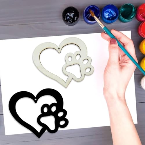30pcs Dog Paw Heart Wood DIY Crafts Cutouts Wooden Cat Claw Heart Shaped Hanging Ornaments for DIY Projects Dog Pets Themed Party Decorations JEKEJIAJIU