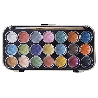 KINGART Watercolor Pan Set, Pearlescent Colors, 21 Unique Shades & Paint Brush - WoodArtSupply