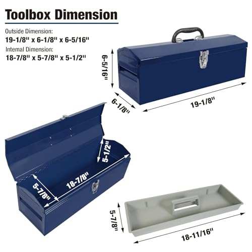 TCE ATB101U-1 Torin Portable Steel Tool Box: 19" Hip Roof Style with Metal Latch Closure and Removable Storage Tray, Blue TCE