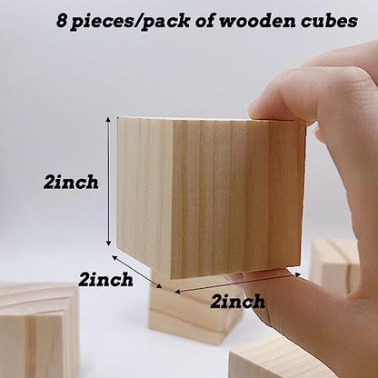 Wood Cubes for Crafts, 2 inch Wooden Blocks, 8 Pcs Natural Wooden Blocks, Unfinished Wood Crafts Wood Square Blocks for Arts and DIY Projects Puzzle