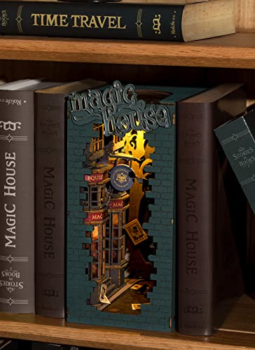 ROBOTIME DIY Book Nook Kit Decorative Booknook Bookshelf Insert Bookcase Book Stand 3D Wooden Puzzle DIY Miniature House Kit with LED Light Model Kit ROBOTIME