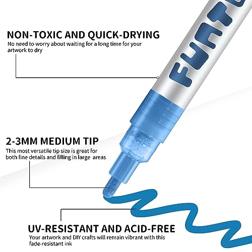 Funcils 5 Acrylic White Paint Pens - Fine & Jumbo Size Ink Pens (1mm, 3mm,  6mm, 10mm, 15mm) - Permanent White Marker Ink for Rock Painting, Fabric,  Tire, Metal, Wood, Canvas, Glass