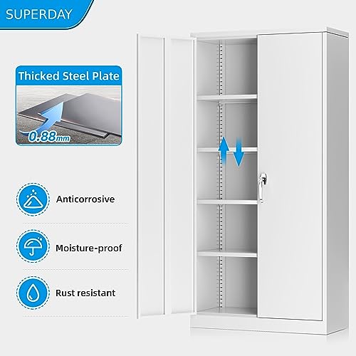 Superday Metal Storage Cabinets, 71" Steel Storage Cabinet with Lock, Tall White Cabinet with 2 Doors and 4 Adjustable Shelves for Garage, Home Superday