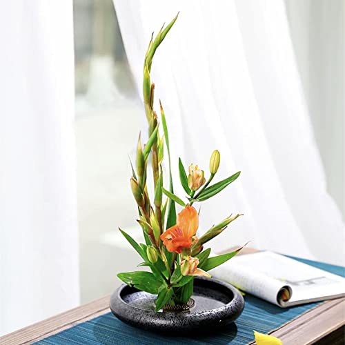 Japanese Ikebana Vase Kit, Ceramics Flower Pot Flower Shallow Container Flowerware with 2inch Flower Frog, 4inch Vase Base and Flower Arrangement - WoodArtSupply