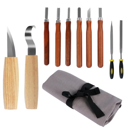 10Pcs Wood Carving Knife Set Beginner Kit, Wooden Handle Carving Cutter Set with Protective Cover, Hand Wood Whittling Kit, Sharp Chrome Vanadium - WoodArtSupply