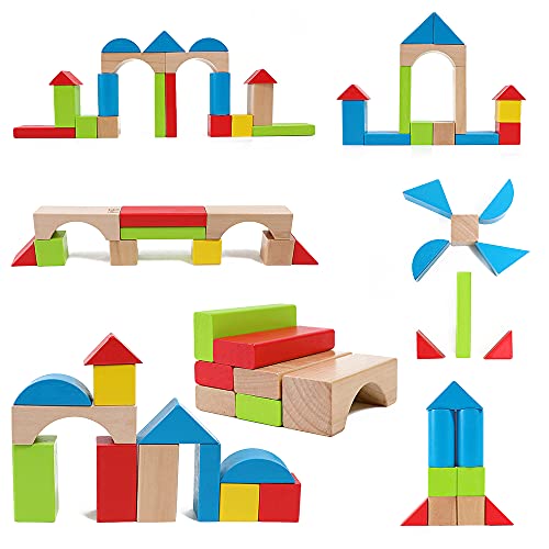 Maple Wood Kids Building Blocks by Hape | Stacking Wooden Block Educational Toy Set for Toddlers, 50 Brightly Colored Pieces in Assorted Shapes and Hape
