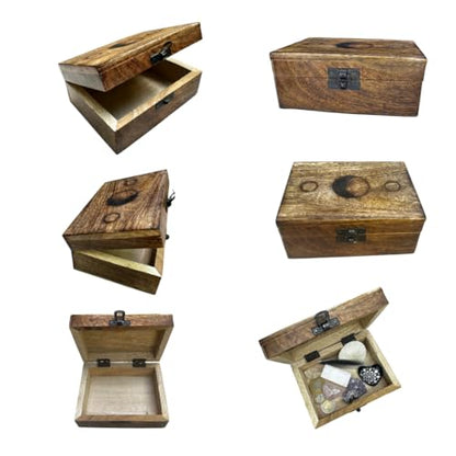 The Moon Box: Handmade Engraved Wooden Tarot Oracle Box Ideal for Altars, Cards, Crystals, Collectibles, and More. Made from Mango Wood with Hints of