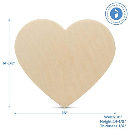 Wooden Heart Cutouts for Crafts 16 inch, 1/4 inch Thick, Pack of 1 Unfinished Heart Shaped Wooden Cutouts, by Woodpeckers