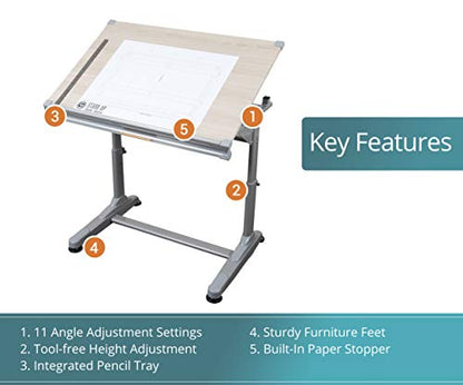 Stand Up Desk Store Adjustable Height and Angle Drafting Table Drawing Desk with Large Surface (Silver Frame/Birch Top, 40" W X 26" D) - WoodArtSupply