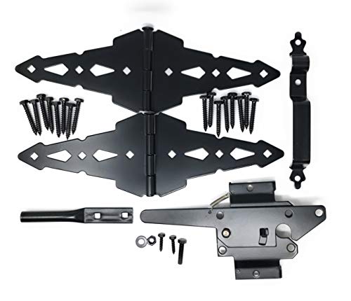 Wood Gate Hardware Set – Heavy Duty Kit for Fence Swing Gate- Outdoor Decorative Black Finish w/ 8” Strap Hinges and Spring Loaded Latch - WoodArtSupply