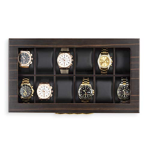 Glenor Co Large 12 Slot Wooden Watch Box For Men - Modern Luxury Case with Gold Buckle & Legs - Glass Display Storage - Mens Organizer - Black - WoodArtSupply