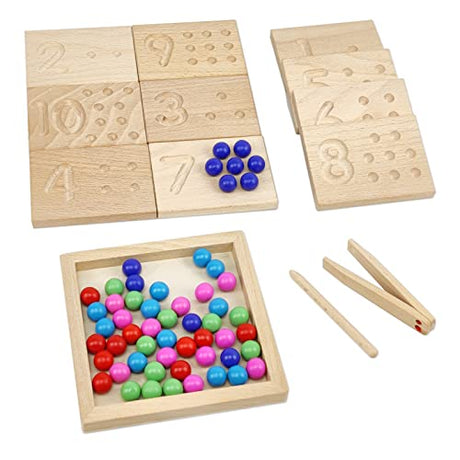 Wooden Number Tracing Board Set, Toddler Montessori Math Beads Counting Toy, Preschool Learning and Educational Math Game for Kids BBtinker