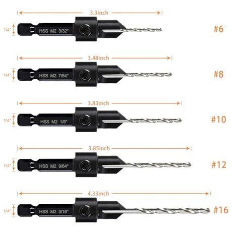 5-pc Woodworking Countersink Counterbore Drill Bit Set 3in1 for #6 8 10 12 16 Screws, M2 Pilot Drill Bits Adjustable Depth, 82-Degree Chamfer with - WoodArtSupply