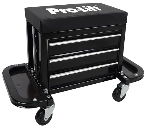 Pro-Lift Mechanic Roller Seat with Tool Box - 3-Drawer Rolling Tool Chest Stool with Padded Seat Cushion for Garage Creeper – 400 Lbs Capacity - WoodArtSupply