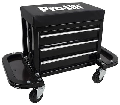 Pro-Lift Mechanic Roller Seat with Tool Box - 3-Drawer Rolling Tool Chest Stool with Padded Seat Cushion for Garage Creeper – 400 Lbs Capacity