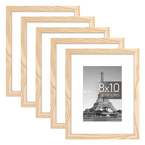 upsimples 8x10 Picture Frame Set of 5, Display Pictures 5x7 with Mat or 8x10 Without Mat, Wall Gallery Photo Frames, Natural upsimples