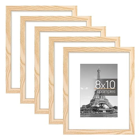 upsimples 8x10 Picture Frame Set of 5, Display Pictures 5x7 with Mat or 8x10 Without Mat, Wall Gallery Photo Frames, Natural upsimples