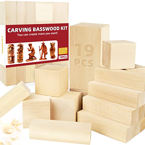 Basswood Carving Blocks, 19PCS Whittling Wood Blocks Wood Carving Kit with 3 Different Sizes, Bass Wood for Wood Carving Easy to Use, for Kids and K KERNOWO