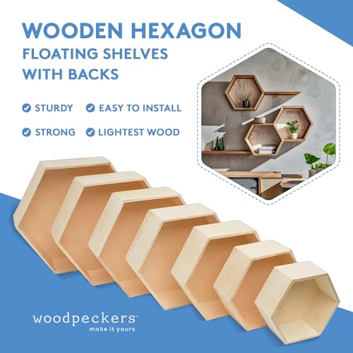 Woodpeckers Wooden Hexagon Floating Shelves with Backs, Set of 7, Unfinished for Crafts and DIY Wall Décor: Modern, Geometric, Rustic, or Honeycomb Woodpeckers