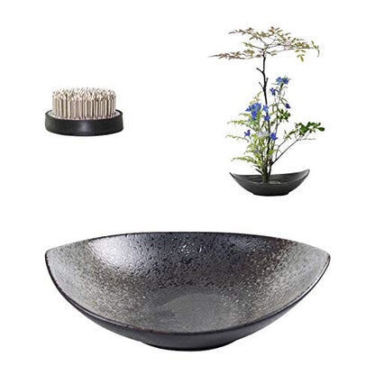 WANDIC Flower Frog Kit, Crescent Shaped Ikebana Flower Vase with 5cm Ikebana Kenzan Flower Frog and Wood Base for Flower Arranging Art, Black Spotted - WoodArtSupply