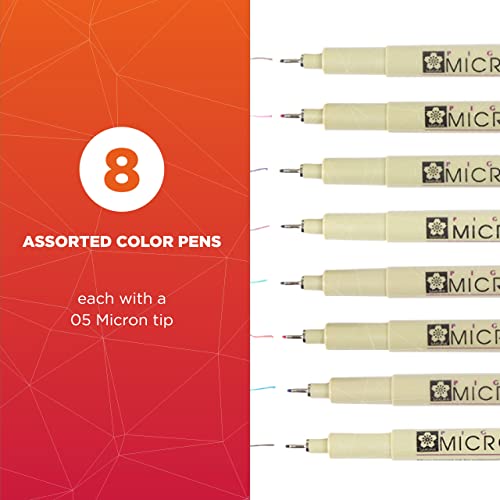 SAKURA Pigma Micron Fineliner Pens - Archival Black, Colored Ink Pens for Writing, Drawing, Journaling - 05 Point Size - 8 Pack SAKURA