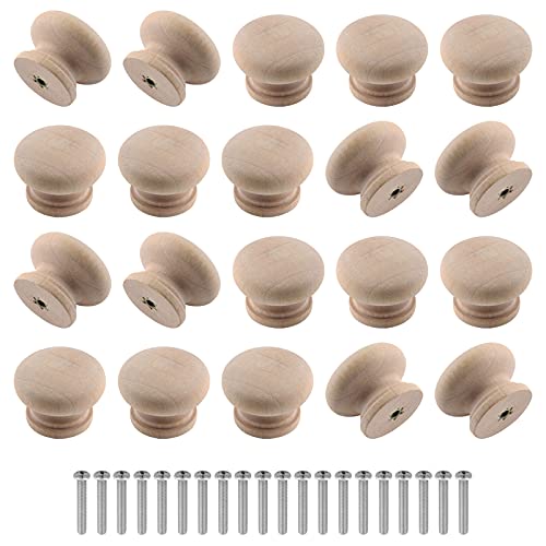 Zorfeter 20 Pcs Wood Unfinished Drawer Knobs Mushroom Shape Furniture Cabinet Knobs Pulls Handles (Diameter: 28mm, Height: 21mm) Zorfeter